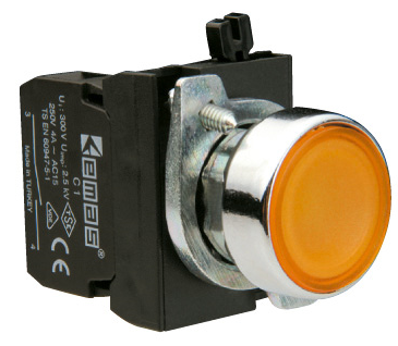 Кнопка с подсветкой-светодиод  желтая  (1НО+1НЗ) 12-30 В перем. и пост. тока, IP65 металл. РИТЕТ
