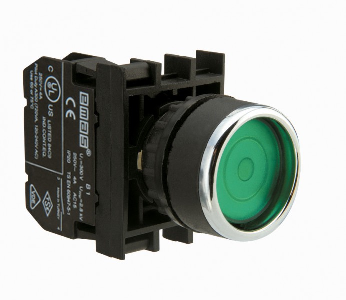 B130FY Кнопка круглая зеленая с фиксацией и подсветкой (1НО). РИТЕТ