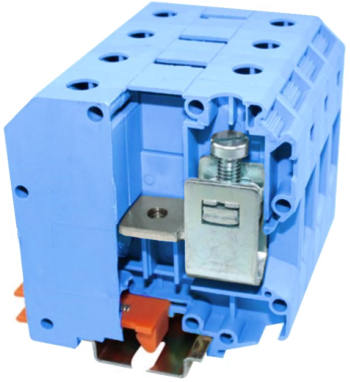 Клемма винтовая проходная, ном. сеч. 95 кв.мм (1000V, 232A), ширина 26 мм, на рейку DIN35, синий цвет