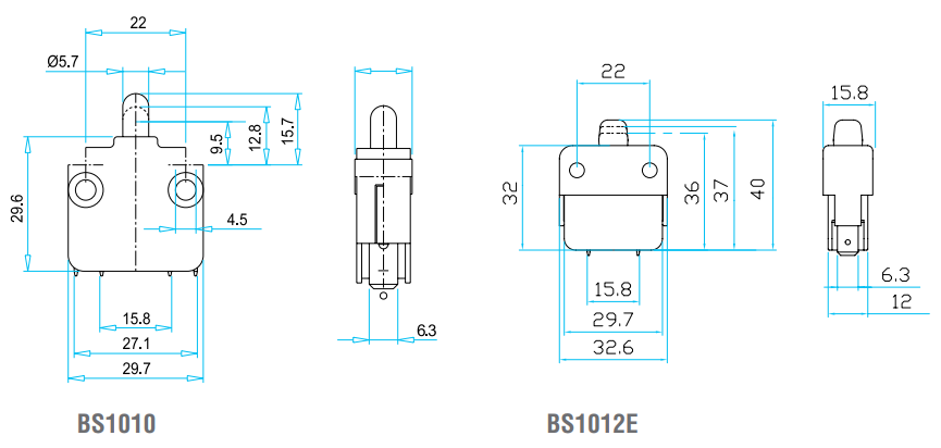Mини-выключатель серии BS1010 - BS1012. Габаритные размеры